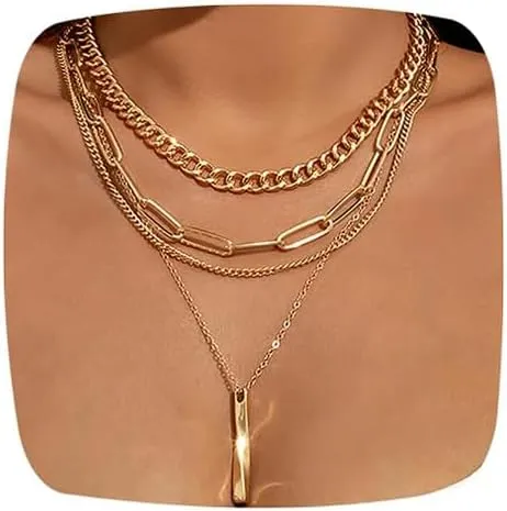 Layered Gold Necklaces for Women Chunky Gold Necklace for Women Trendy Dainty Chain Necklace Fashion Layer Bar Necklace Herringbone Paperclip Chain Necklace Cross Pendant