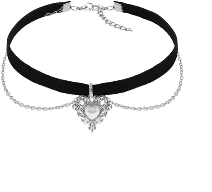 Layered Heart Velvet Choker Necklace Black Silver Goth Heart Pendant Necklaces Elegant Lolita Pearl Heart Choker Necklace Gothic Halloween Costume Outfits Accessories for Women