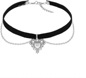 Layered Heart Velvet Choker Necklace Black Silver Goth Heart Pendant Necklaces Elegant Lolita Pearl Heart Choker Necklace Gothic Halloween Costume Outfits Accessories for Women