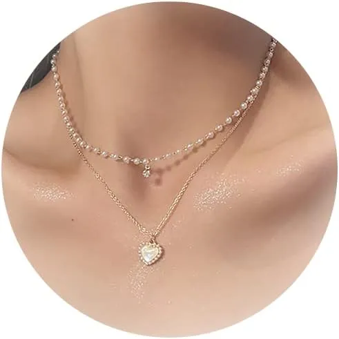 Layered Necklaces for Women Heart Pendant Necklace Gold Pearl Necklace Multi-layered Necklace Jewelry Gift