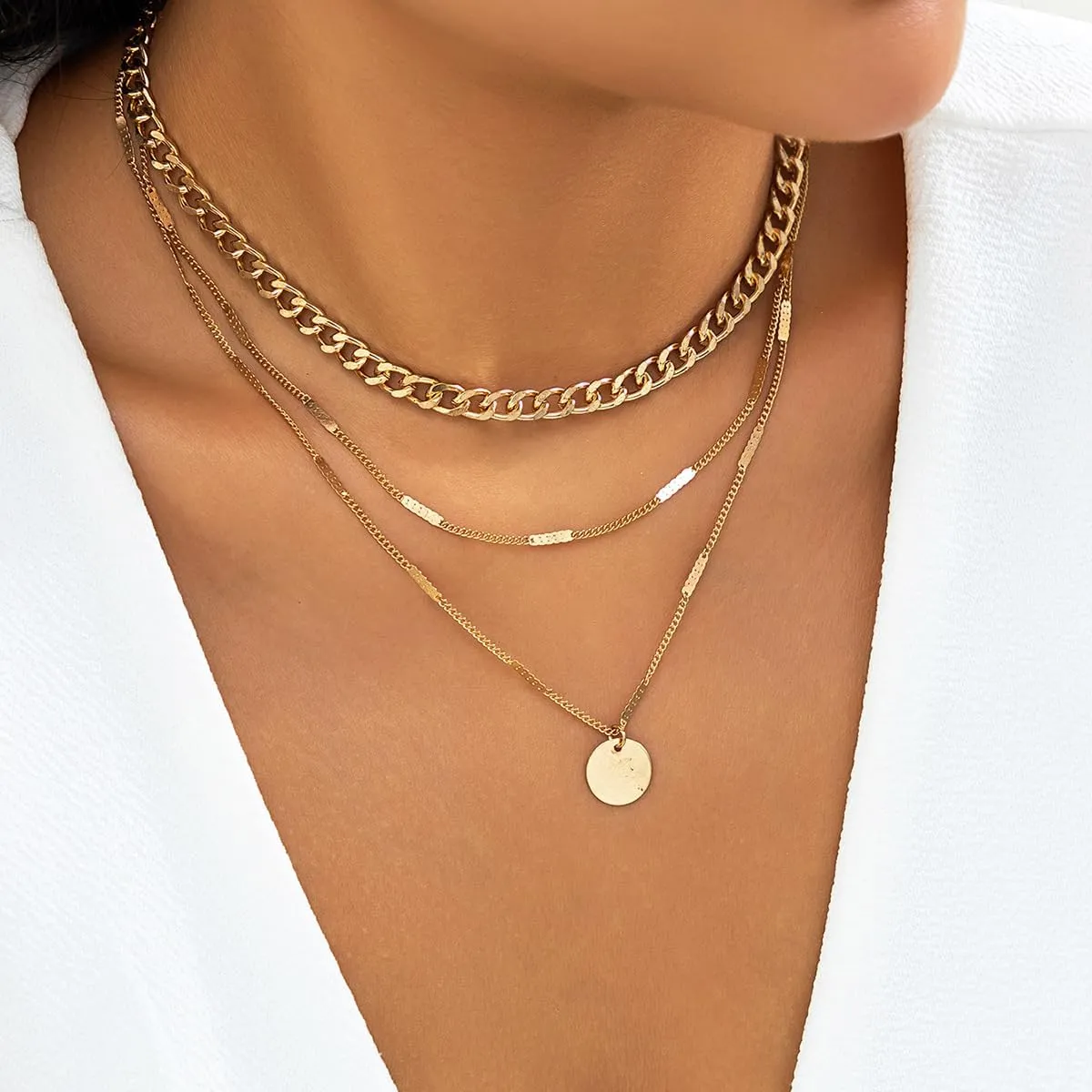 Layered Silver Necklaces for Women Gold Chain Choker Necklaces Trendy Layering Circle Coin Pendant Necklace Set Jewelry