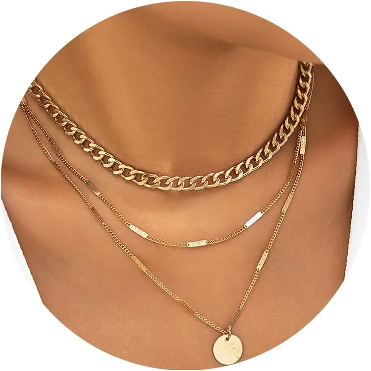 Layered Silver Necklaces for Women Gold Chain Choker Necklaces Trendy Layering Circle Coin Pendant Necklace Set Jewelry