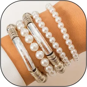 Layered Silver Pearl Bracelet Set for Women 14k Gold Beaded Stretch Stackable Bracelet Trendy Dainty Ball Bangles Jewelry Gifts