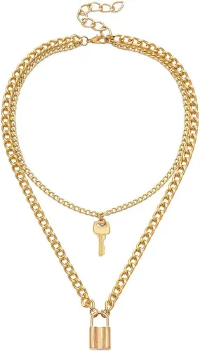 Lock Keys Shape Layered Necklaces for Womens Double Layered Pendant Necklaces Chain Necklace Jewelry Lady (Gold, One Size)