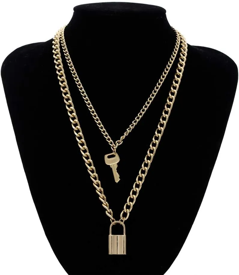 Lock Keys Shape Layered Necklaces for Womens Double Layered Pendant Necklaces Chain Necklace Jewelry Lady (Gold, One Size)