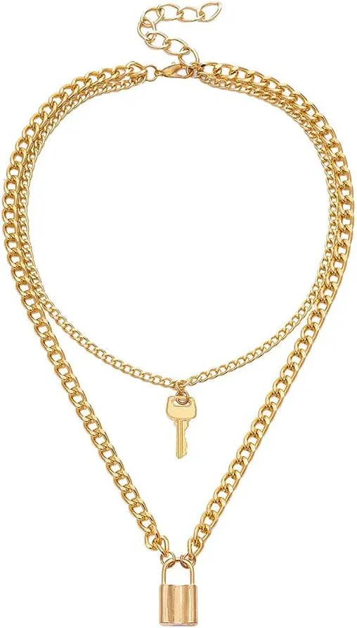 Lock Keys Shape Layered Necklaces for Womens Double Layered Pendant Necklaces Chain Necklace Jewelry Lady (Gold, One Size)