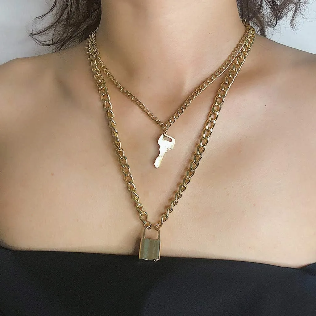 Lock Keys Shape Layered Necklaces for Womens Double Layered Pendant Necklaces Chain Necklace Jewelry Lady (Gold, One Size)