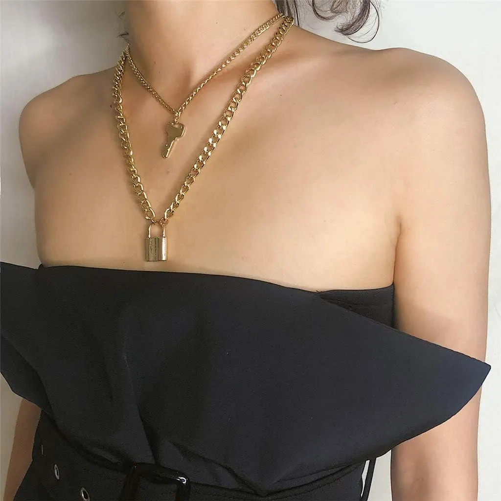 Lock Keys Shape Layered Necklaces for Womens Double Layered Pendant Necklaces Chain Necklace Jewelry Lady (Gold, One Size)