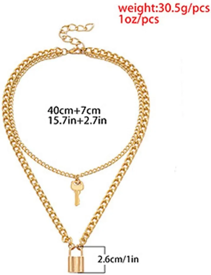 Lock Keys Shape Layered Necklaces for Womens Double Layered Pendant Necklaces Chain Necklace Jewelry Lady (Silver, One Size)