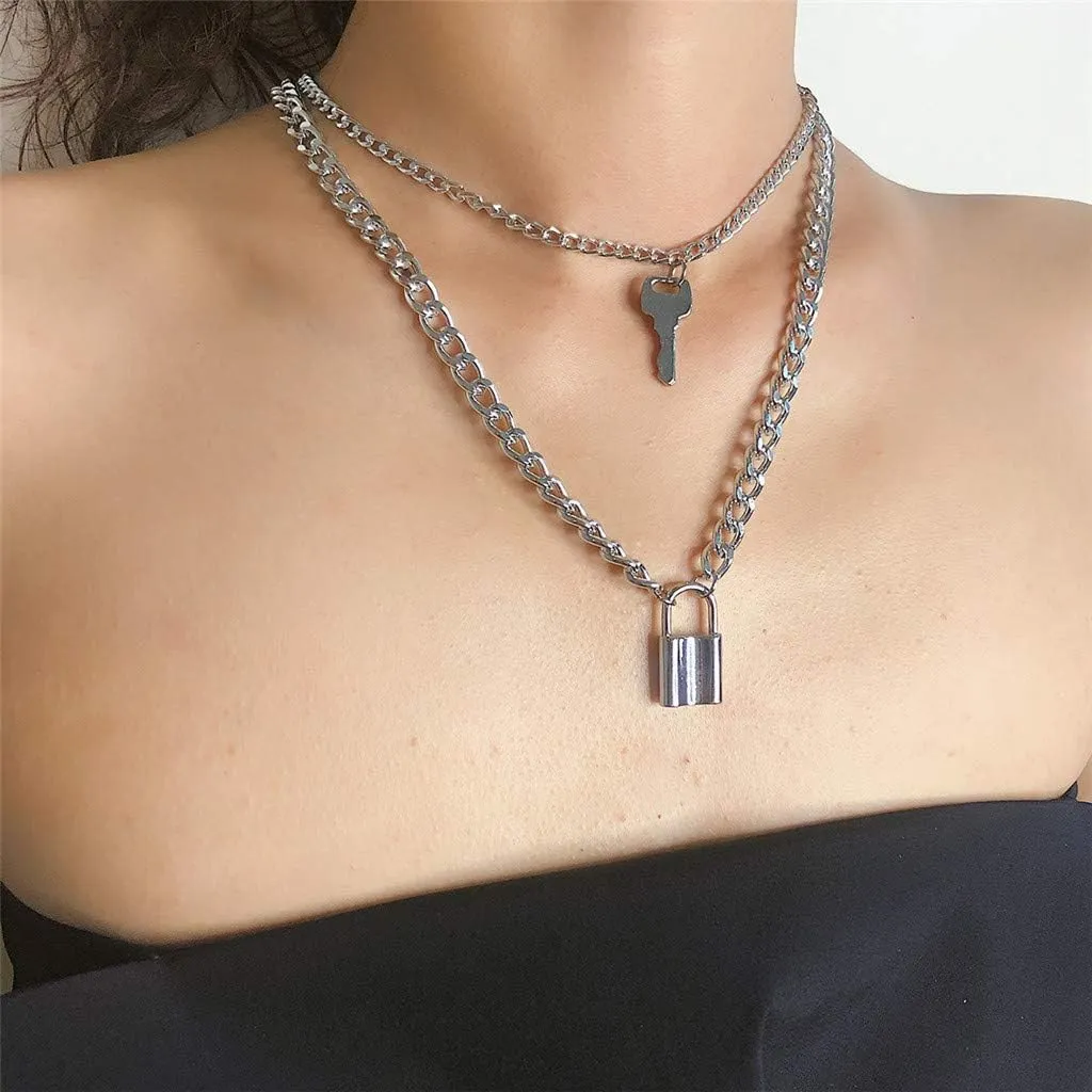 Lock Keys Shape Layered Necklaces for Womens Double Layered Pendant Necklaces Chain Necklace Jewelry Lady (Silver, One Size)