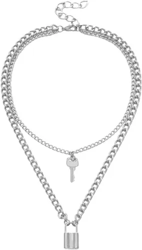 Lock Keys Shape Layered Necklaces for Womens Double Layered Pendant Necklaces Chain Necklace Jewelry Lady (Silver, One Size)