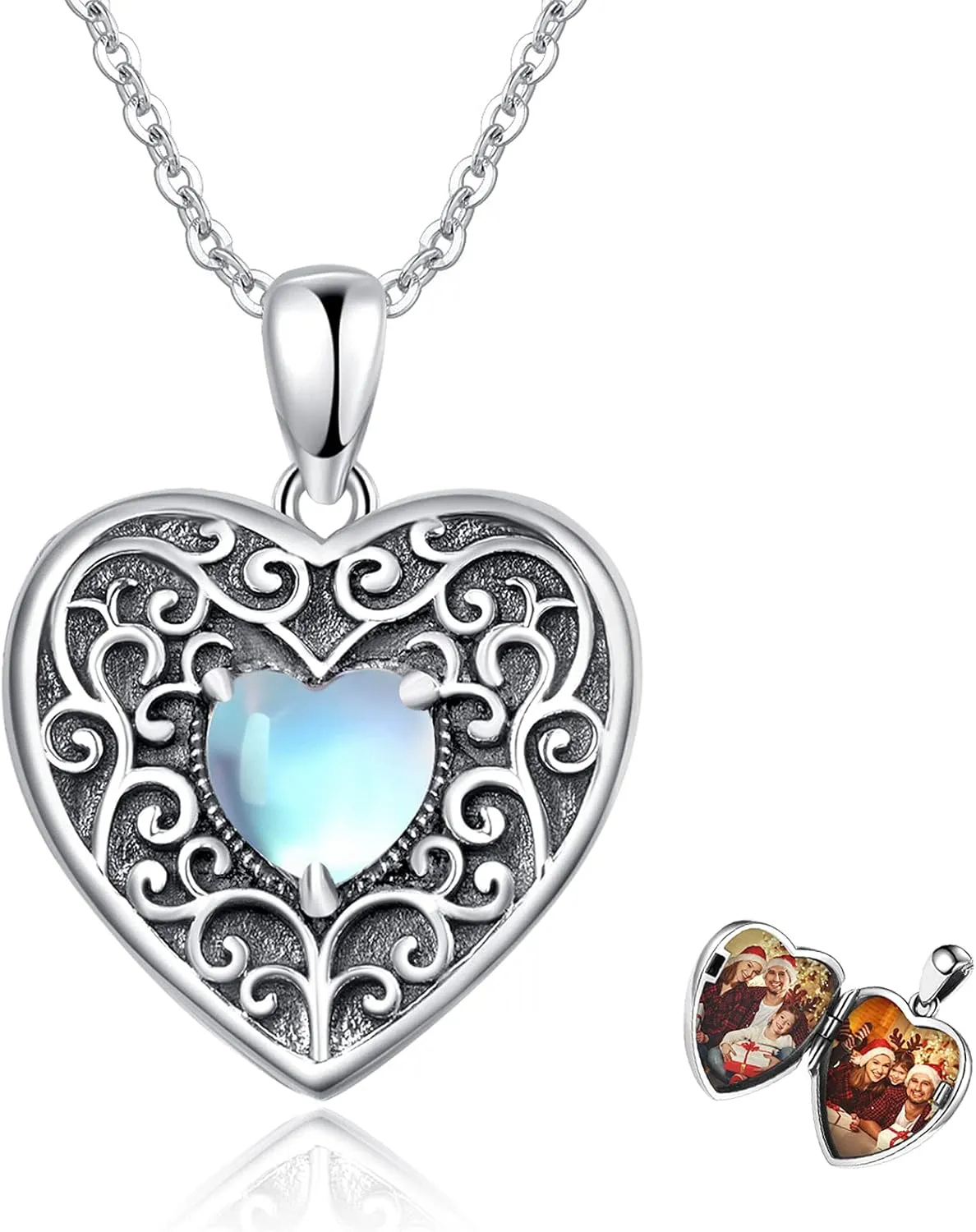 Locket Necklace Sterling Silver Moonstone/Lotus Pendant That Holds Pictures Meditation Locket Necklace Mother's Day Memory Jewelry Gifts for Women Mom