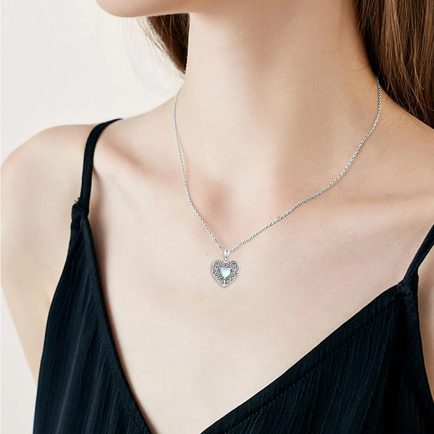 Locket Necklace Sterling Silver Moonstone/Lotus Pendant That Holds Pictures Meditation Locket Necklace Mother's Day Memory Jewelry Gifts for Women Mom