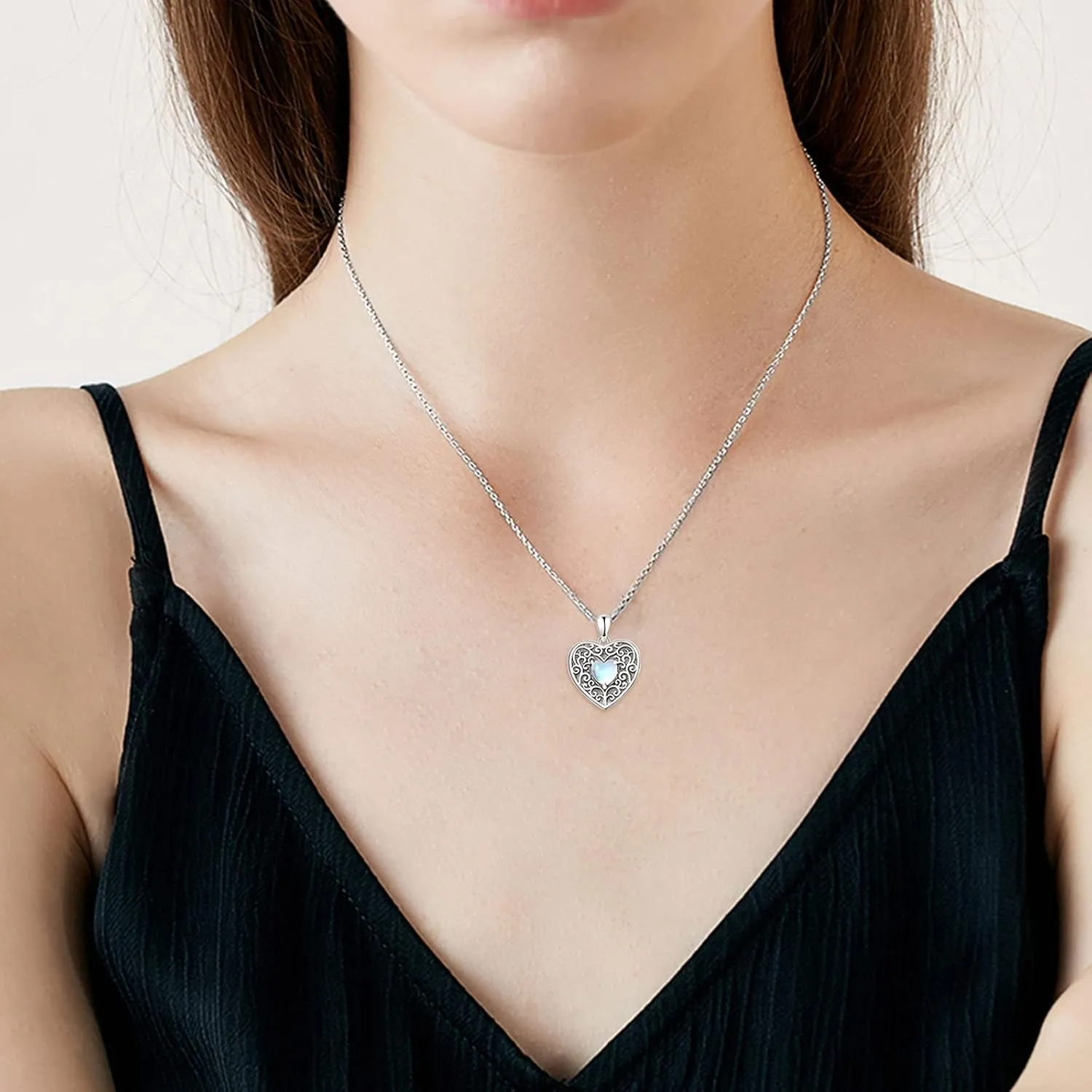 Locket Necklace Sterling Silver Moonstone/Lotus Pendant That Holds Pictures Meditation Locket Necklace Mother's Day Memory Jewelry Gifts for Women Mom