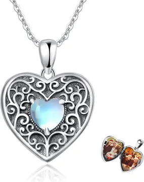 Locket Necklace Sterling Silver Moonstone/Lotus Pendant That Holds Pictures Meditation Locket Necklace Mother's Day Memory Jewelry Gifts for Women Mom