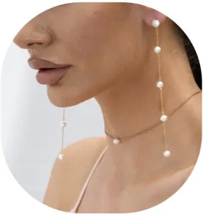 Long Pearl Earrings, Sterling Silver Post Pearl Dangle Earrings For Women 14K Gold Plated Pearl Wedding Earrings Chain Dangling Pearl Earrings Gold Pearl Drop Earrings For Bridal Prom Gift