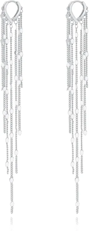 Long Tassel Dangle Drop Chain Earrings, Silver Fringe Earrings for Prom