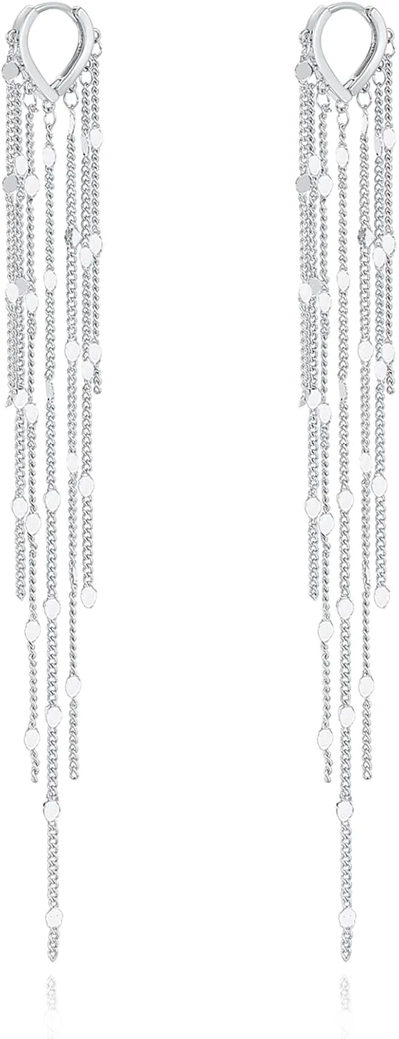 Long Tassel Dangle Drop Chain Earrings, Silver Fringe Earrings for Prom