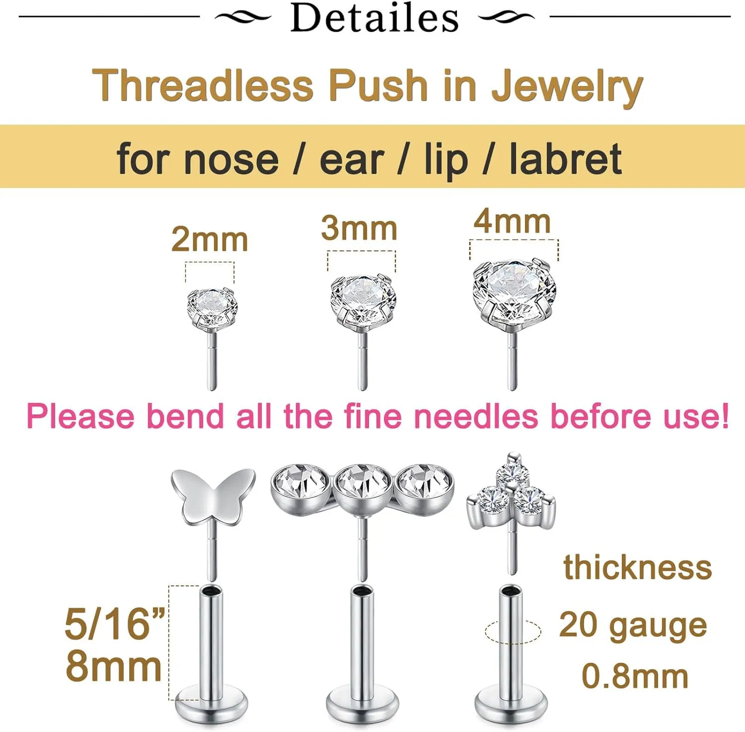 Longita Threadless Nose Stud 20g Flat Back Gold Cartilage Earring Silver Helix Earrings 20 Gauge Push in With Backs Nose Rings Hoops Piercing Taper