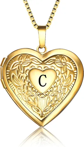 Love Heart Locket Necklace That Holds Pictures, Initial Alphabet A-Z Photo Lockets