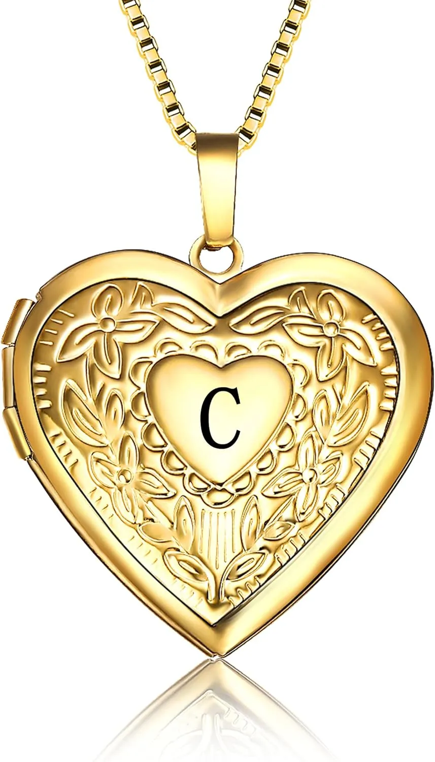 Love Heart Locket Necklace That Holds Pictures, Initial Alphabet A-Z Photo Lockets