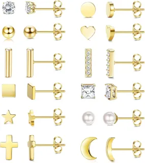 LOYALLOOK 12 Pairs Stud Earrings for Women 316L Stainless Steel Hypoallergenic - Multiple Piercing Options with Heart, Star, Pearl, CZ Design - Comfortable Everyday Jewelry Set