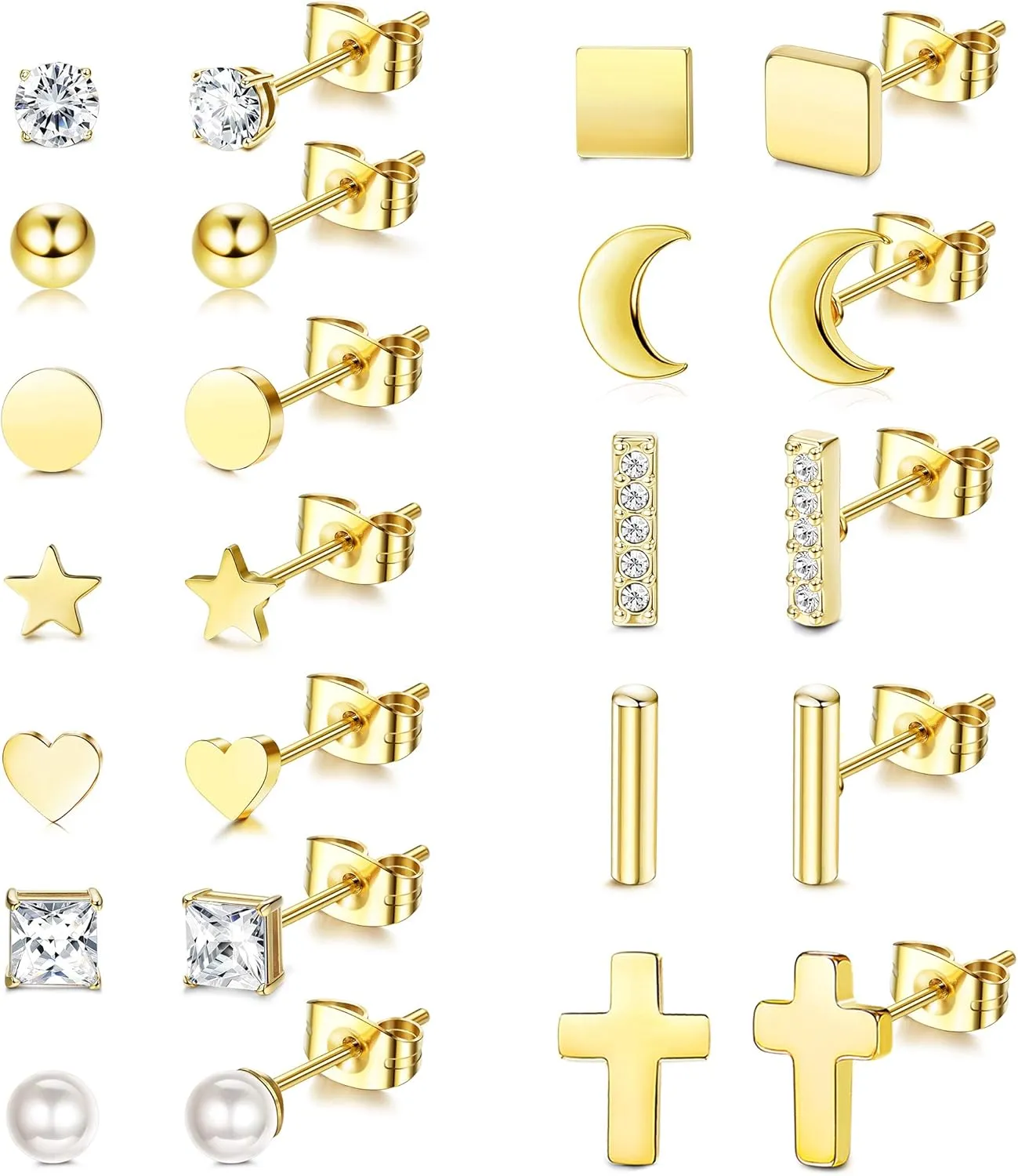 LOYALLOOK 12 Pairs Stud Earrings for Women 316L Stainless Steel Hypoallergenic - Multiple Piercing Options with Heart, Star, Pearl, CZ Design - Comfortable Everyday Jewelry Set