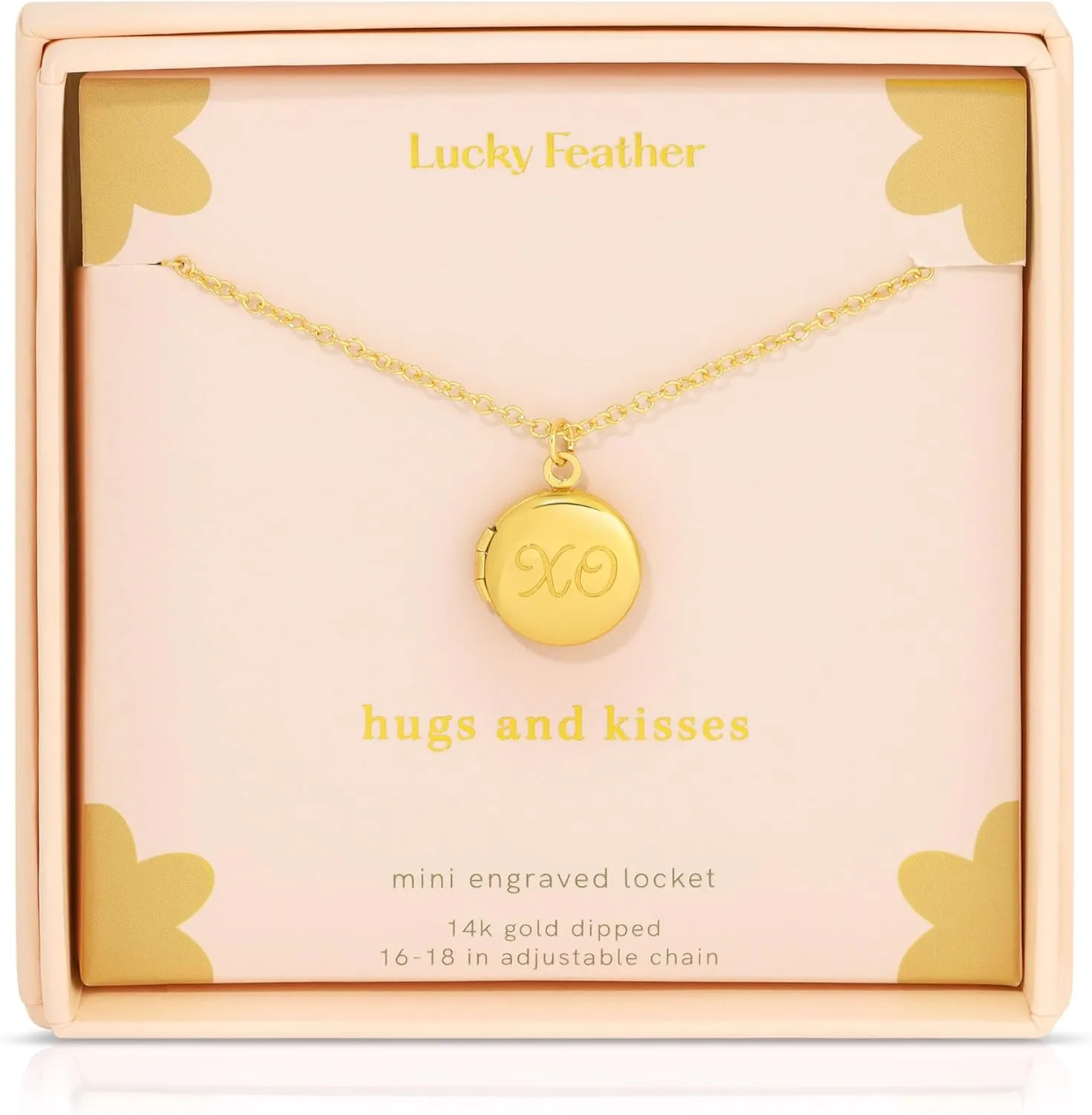Lucky Feather Photo Locket Necklace - 14K Gold Plated Small Round Picture Locket for Women - Heart, Butterfly, Moon Engraving on 16-18" Adjustable Chain - Ideal Gifts for Women and Teenagers