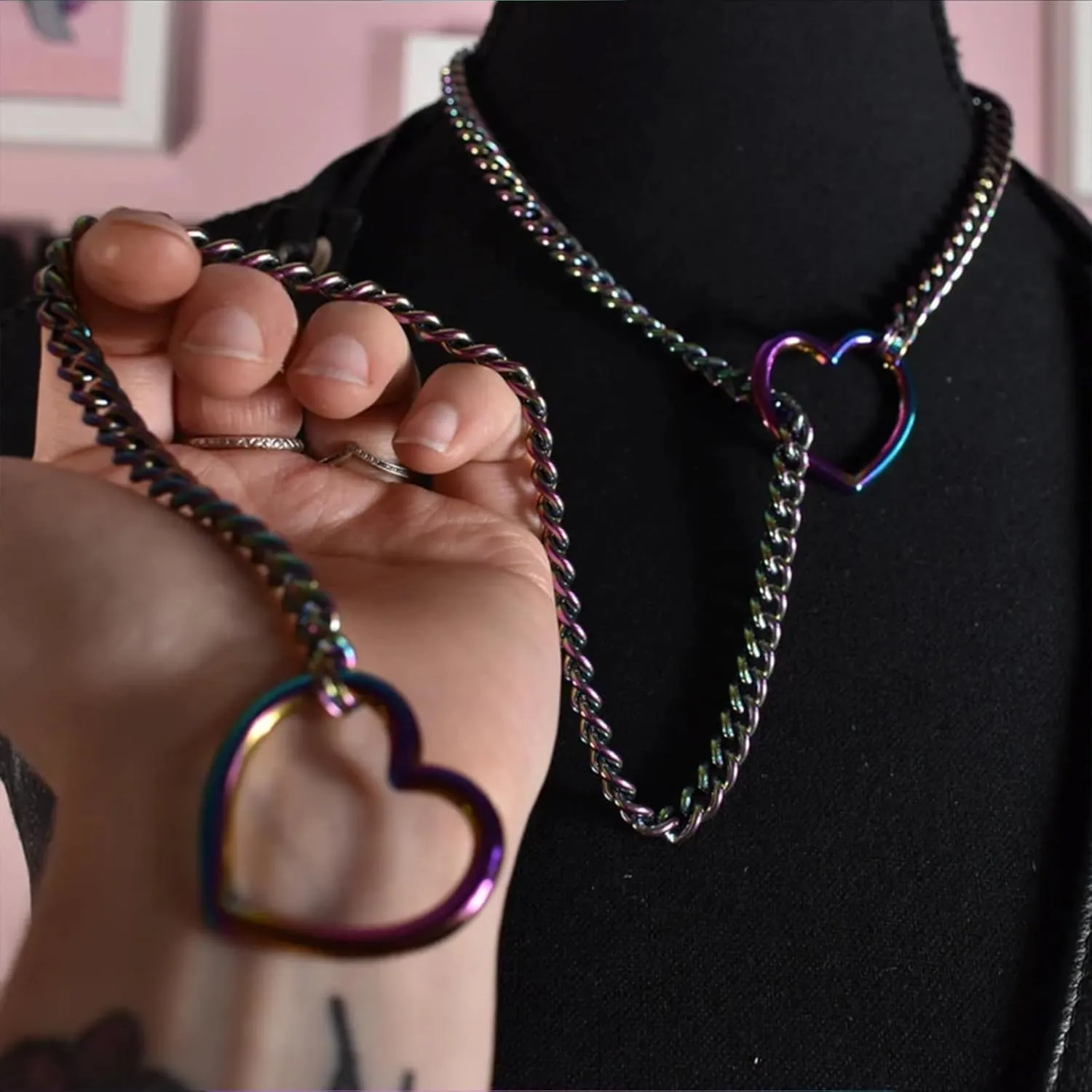 Lust Chain Necklace, The Lust Chain, The LustChain, Stainless Steel Adjustable Heart O-Ring/Y-Heart Slip Chain Choker for Women
