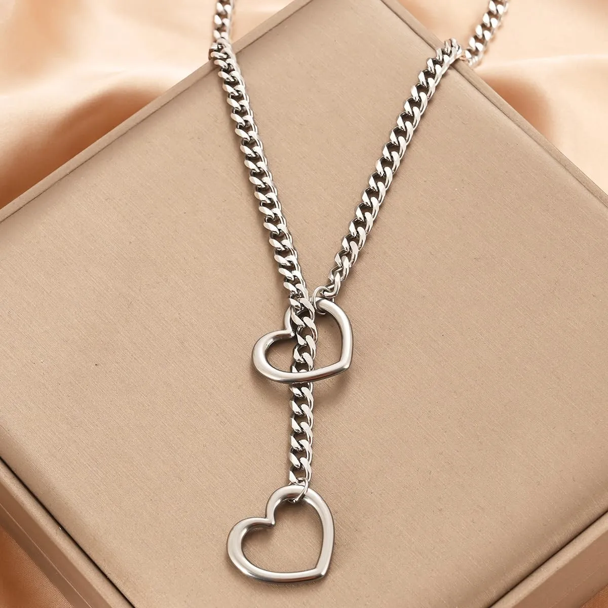 Lust Chain Necklace, The Lust Chain, The LustChain, Stainless Steel Adjustable Heart O-Ring/Y-Heart Slip Chain Choker for Women
