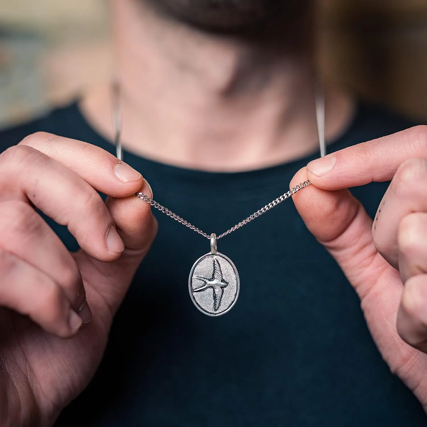 Made by Nami Mens Silver Necklace with Pendant Handmade 23" Surfer Cuban Link Chain with Stainless Steel Pendant Premium Jewelry Gift for Him