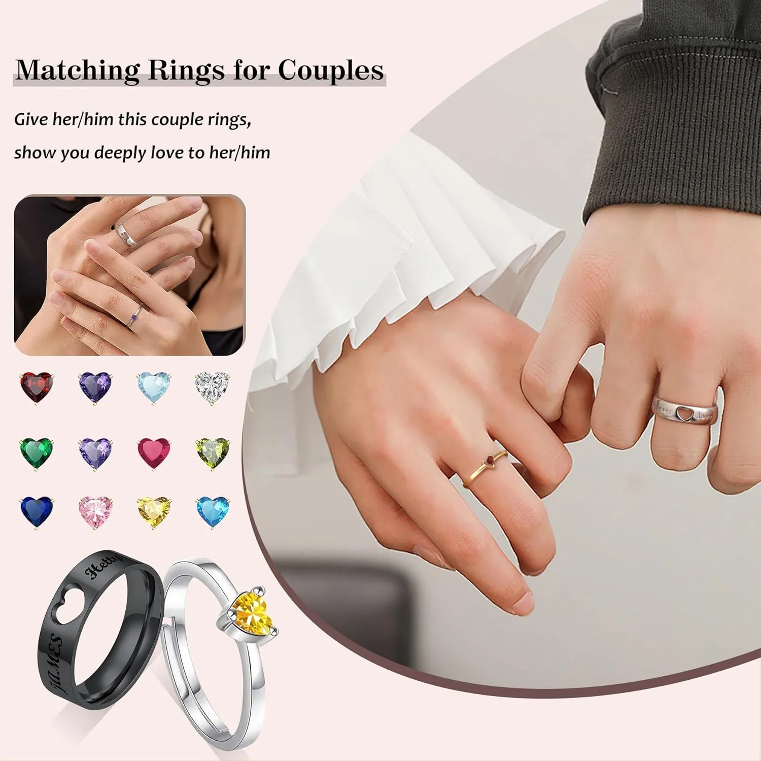 Matching Rings for Couples, Birthstone Rings for Women Adjustable Birthday Gifts for Girlfriend Boyfriend Love You Forever Wedding Bands Sets for Her Him Anniversary Engagement Jewelry