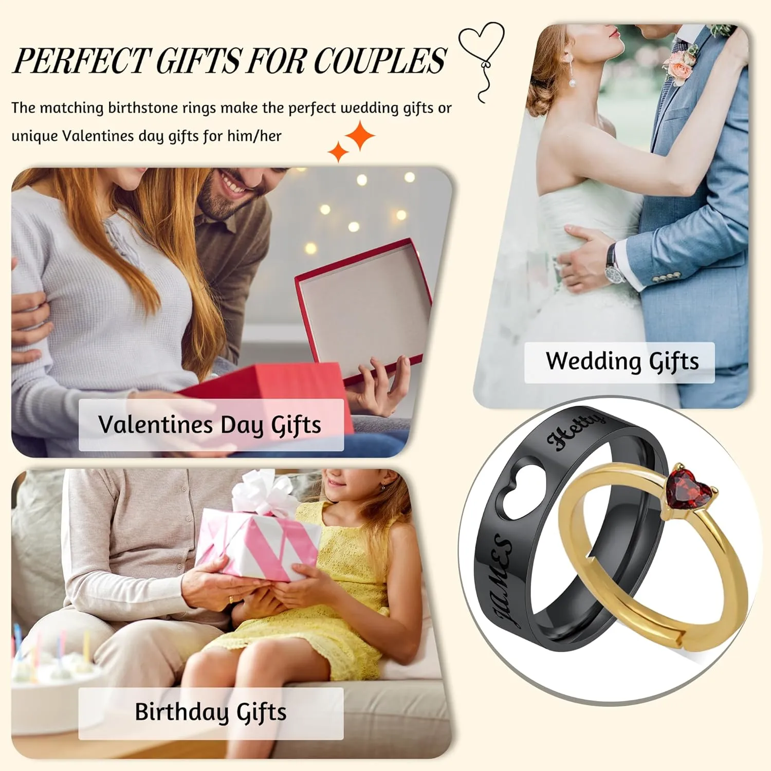 Matching Rings for Couples, Birthstone Rings for Women Adjustable Birthday Gifts for Girlfriend Boyfriend Love You Forever Wedding Bands Sets for Her Him Anniversary Engagement Jewelry
