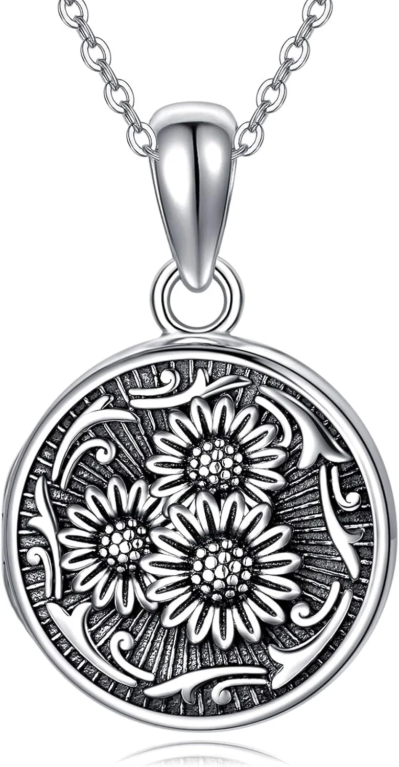 MEDWISE 925 Sterling Silver Locket Necklace That Holds Pictures Photo Necklace Oxidized Rose Flower/Sunflower/Compass/Celtic Heart Pendnat Lockets Gifts for Women Birthday Christmas Gifts