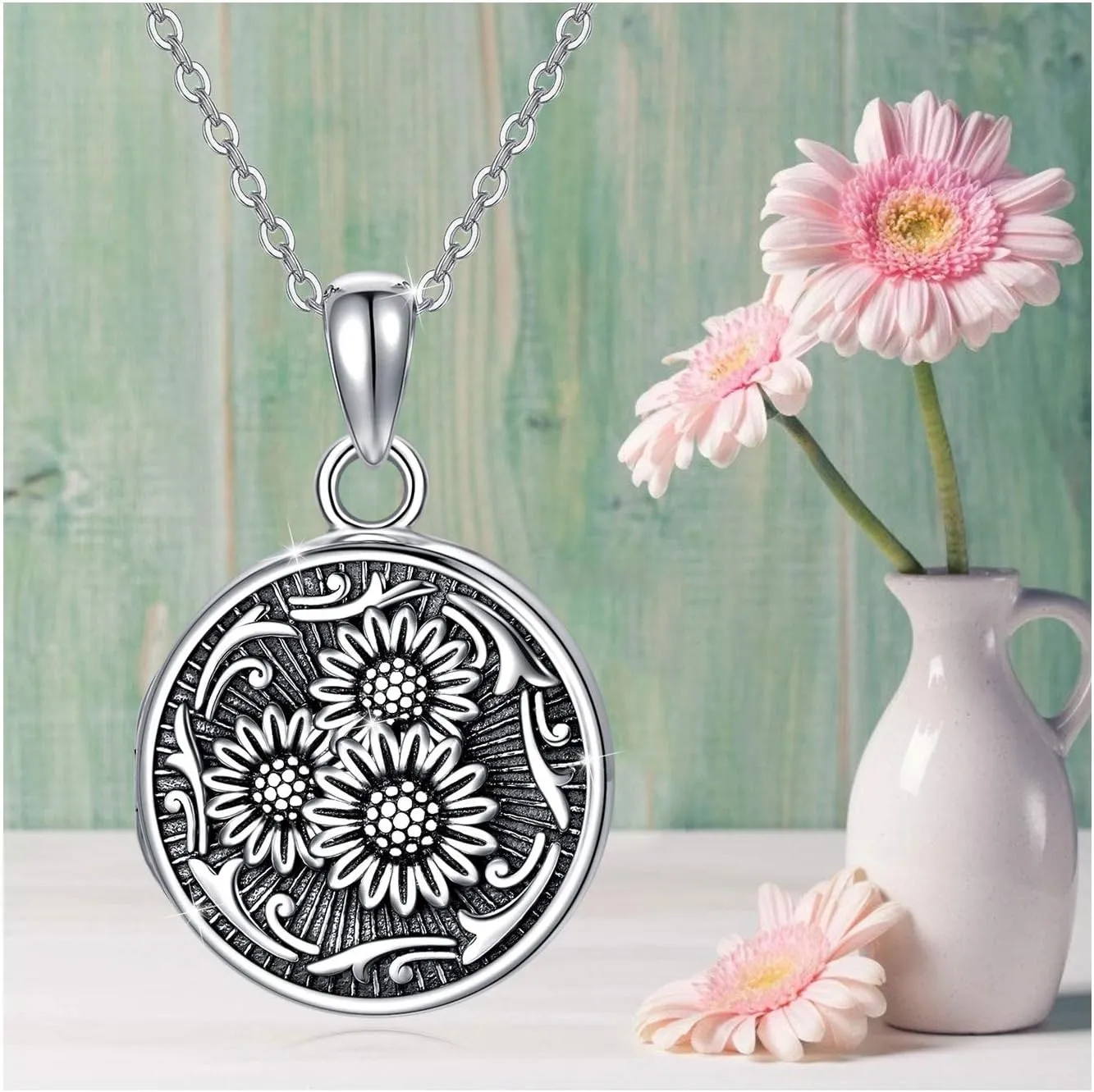 MEDWISE 925 Sterling Silver Locket Necklace That Holds Pictures Photo Necklace Oxidized Rose Flower/Sunflower/Compass/Celtic Heart Pendnat Lockets Gifts for Women Birthday Christmas Gifts