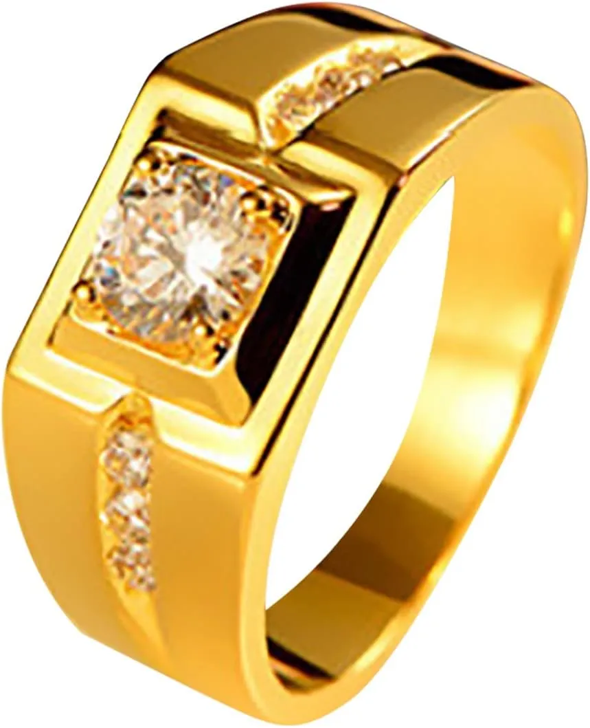 Men Wedding Band Simulated Diamond Engagement Ring Inlaid Zircon Proposal Ring Gentleman Exquisite Jewelry (Gold, 11)