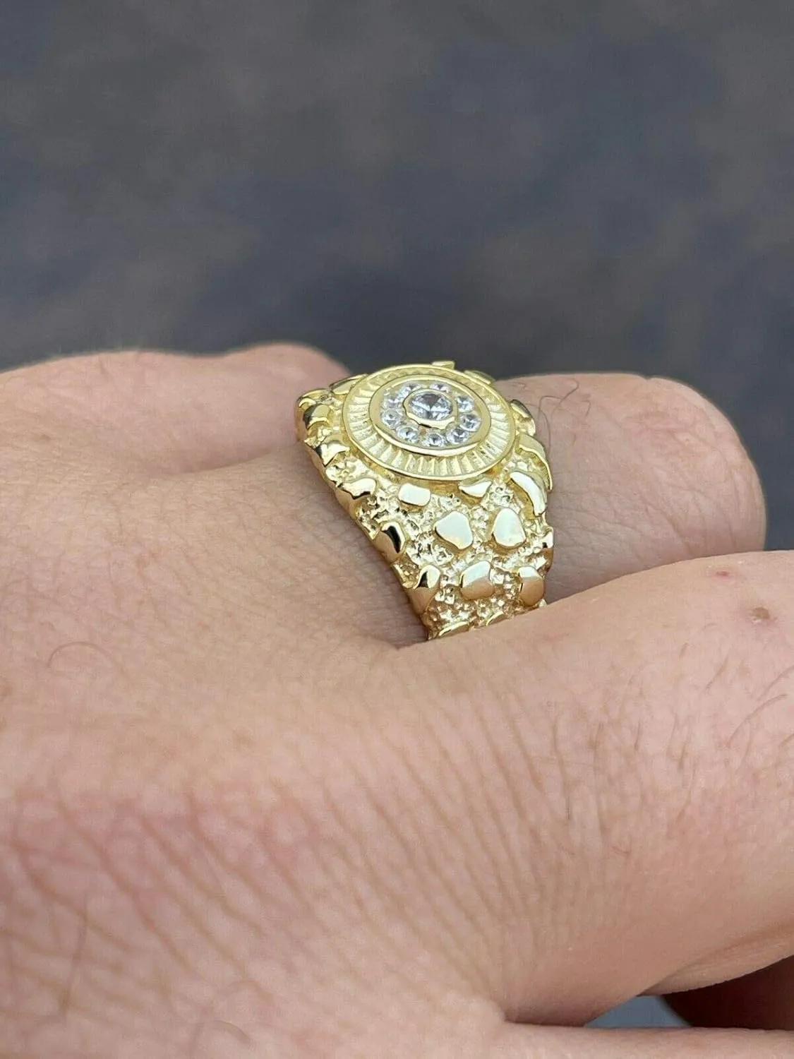 Men's Nugget Ring - Solid 925 Sterling Silver Ring - Iced Micropave Cluster Ring - 14k Yellow Gold Finish - Sizes 6-13