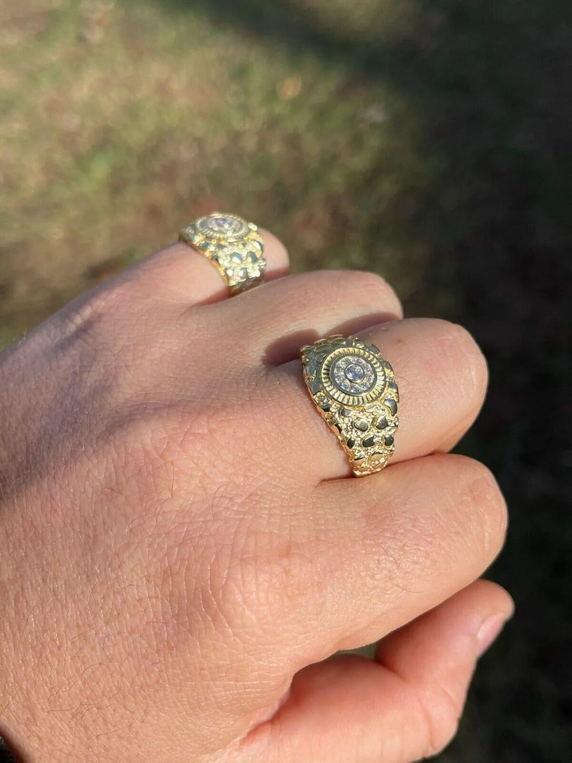 Men's Nugget Ring - Solid 925 Sterling Silver Ring - Iced Micropave Cluster Ring - 14k Yellow Gold Finish - Sizes 6-13