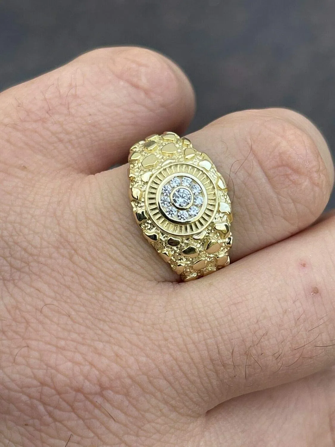 Men's Nugget Ring - Solid 925 Sterling Silver Ring - Iced Micropave Cluster Ring - 14k Yellow Gold Finish - Sizes 6-13