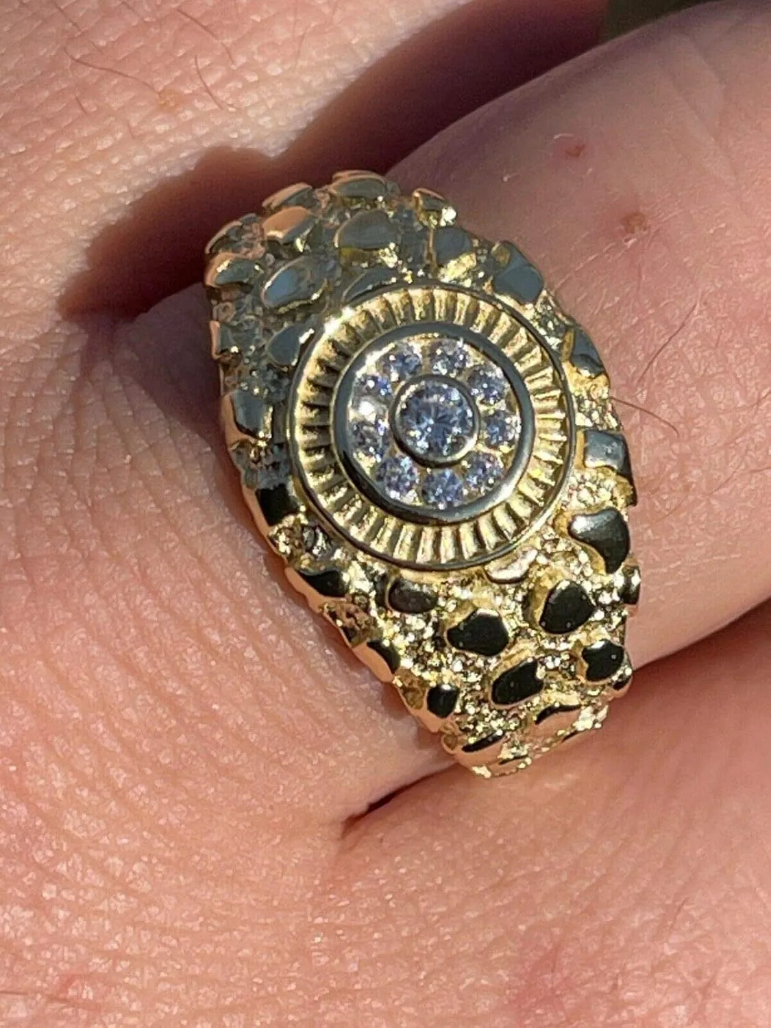 Men's Nugget Ring - Solid 925 Sterling Silver Ring - Iced Micropave Cluster Ring - 14k Yellow Gold Finish - Sizes 6-13
