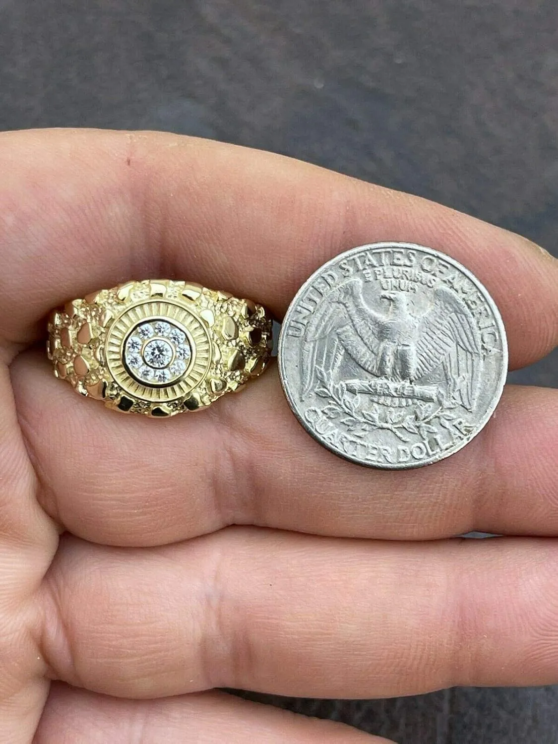 Men's Nugget Ring - Solid 925 Sterling Silver Ring - Iced Micropave Cluster Ring - 14k Yellow Gold Finish - Sizes 6-13