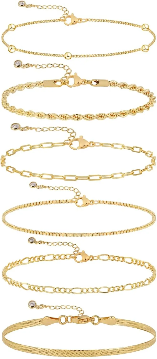 MIDEEO Dainty Gold Layered Bracelet for Women 14K Gold Plated Layered Bracelet Set Layering Bracelets Simple Satellite Box Coins Beaded Layering Set Women Jewelry Gift