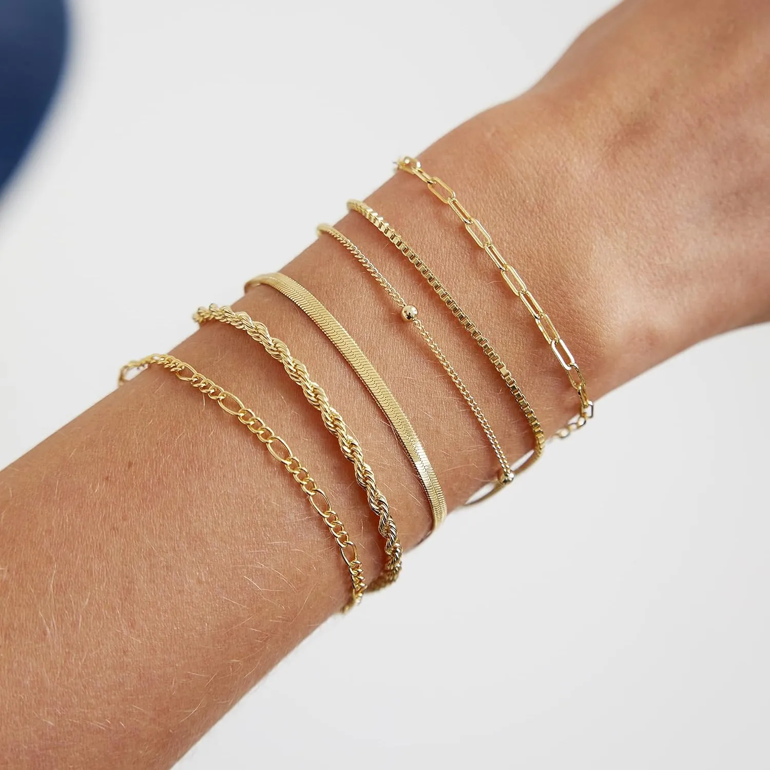 MIDEEO Dainty Gold Layered Bracelet for Women 14K Gold Plated Layered Bracelet Set Layering Bracelets Simple Satellite Box Coins Beaded Layering Set Women Jewelry Gift