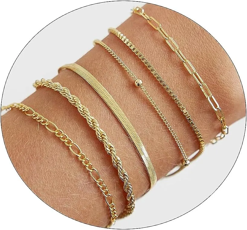 MIDEEO Dainty Gold Layered Bracelet for Women 14K Gold Plated Layered Bracelet Set Layering Bracelets Simple Satellite Box Coins Beaded Layering Set Women Jewelry Gift