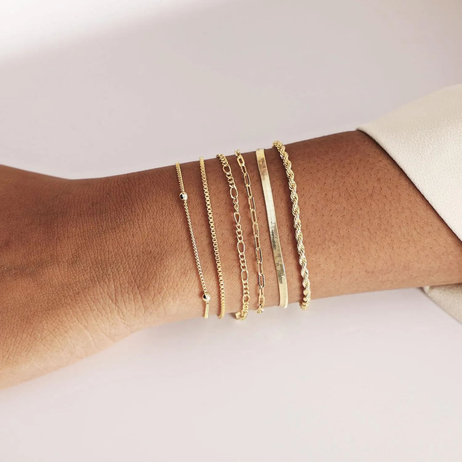 MIDEEO Dainty Gold Layered Bracelet for Women 14K Gold Plated Layered Bracelet Set Layering Bracelets Simple Satellite Box Coins Beaded Layering Set Women Jewelry Gift
