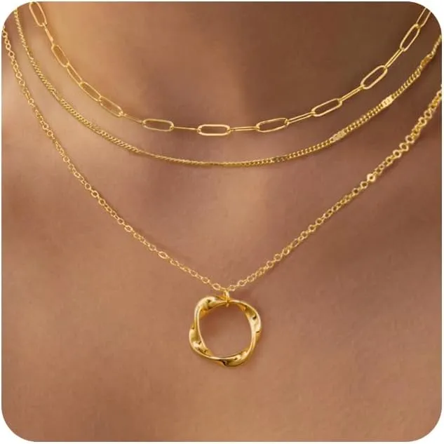MIDEEO Gold/Silver Layered Necklaces for Women,Stackable Choker Necklaces for Women Trendy Layering Circle Cross Pendant Paperclip Box Flat Mariner Chain Necklace Set Jewelry Gifts for Women
