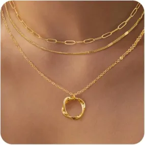MIDEEO Gold/Silver Layered Necklaces for Women,Stackable Choker Necklaces for Women Trendy Layering Circle Cross Pendant Paperclip Box Flat Mariner Chain Necklace Set Jewelry Gifts for Women