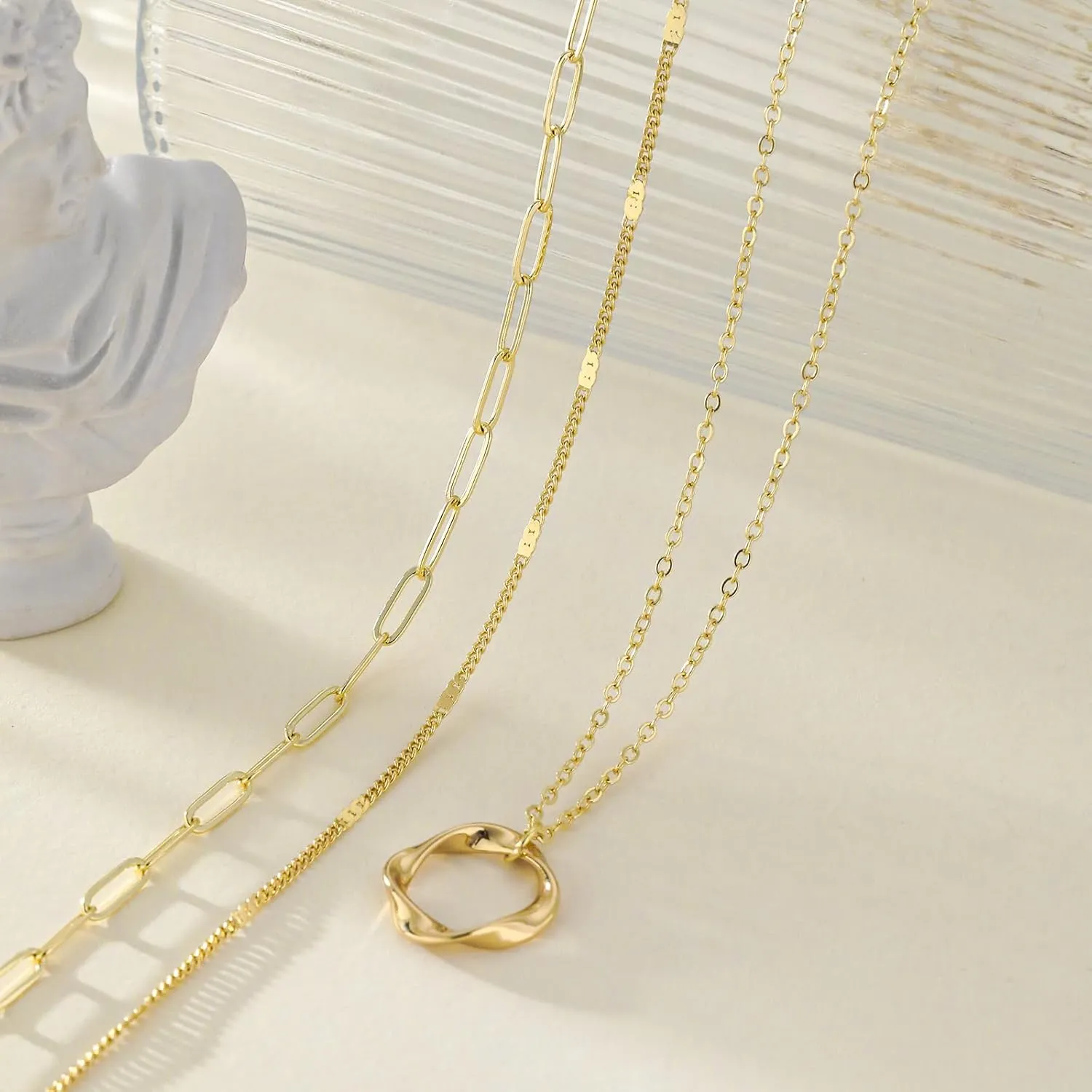 MIDEEO Gold/Silver Layered Necklaces for Women,Stackable Choker Necklaces for Women Trendy Layering Circle Cross Pendant Paperclip Box Flat Mariner Chain Necklace Set Jewelry Gifts for Women