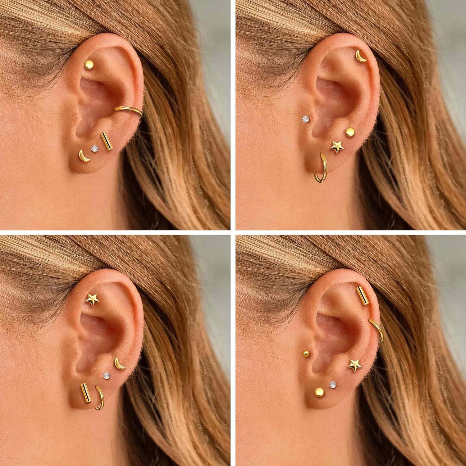 Milacolato 8 Pairs Solid 925 Sterling Silver Earrings for Women Men 14K Gold Plated Tiny Ball Dot Star Moon Bar CZ Stud Earrings Lightweight Small Huggie Hoops Cartilage Earrings Sets for Multiple Piercing Hypoallergenic
