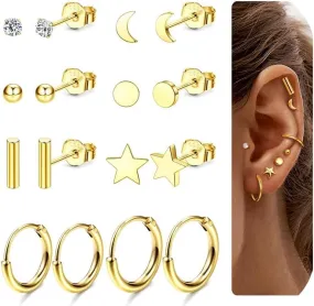 Milacolato 8 Pairs Solid 925 Sterling Silver Earrings for Women Men 14K Gold Plated Tiny Ball Dot Star Moon Bar CZ Stud Earrings Lightweight Small Huggie Hoops Cartilage Earrings Sets for Multiple Piercing Hypoallergenic